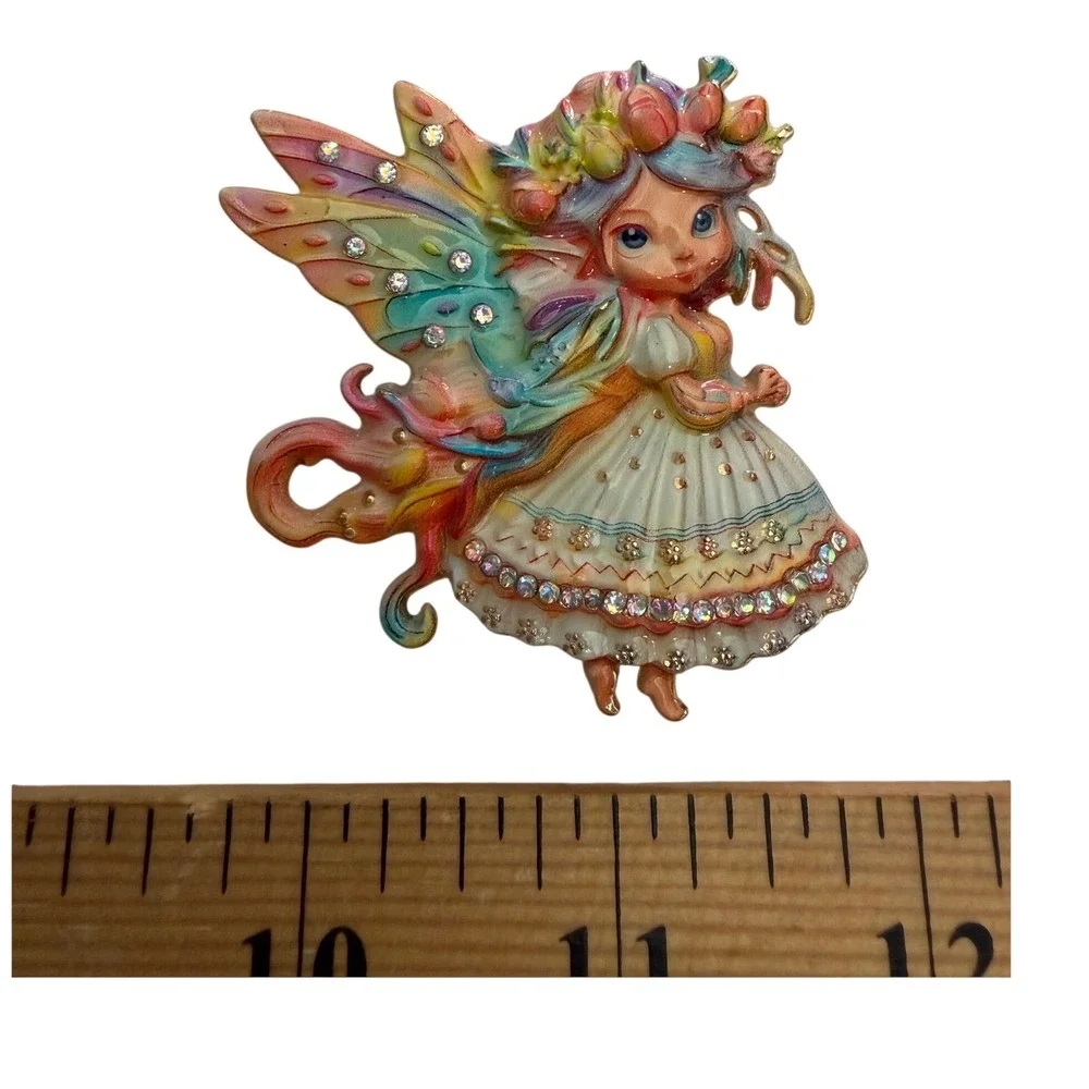 Whimsical Pastel Enamel Fairy Brooch Pin Gold Tone Rhinestone Cottagecore Pixie